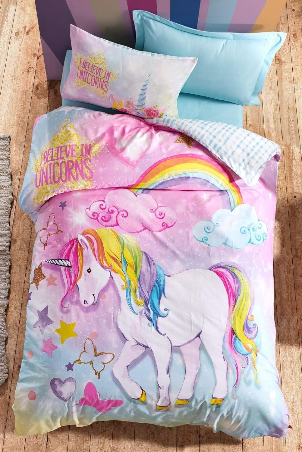 100% Cotton Unicorn Bedding Set, Single/Twin Size Quilt/Duvet Cover Set, 3 Pieces