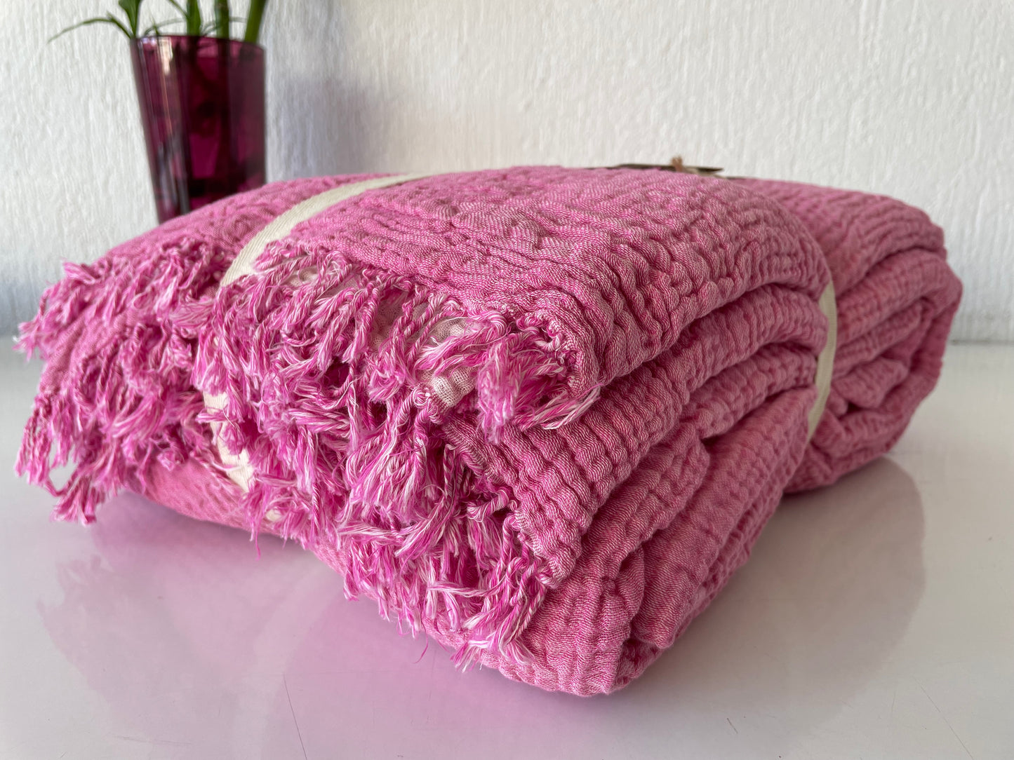 100% Cotton Muslin Blanket 4 Layers Bedspread Soft Turkish Cotton Muslin Bed Cover Reversible Coverlet Fuchsia with Size Options