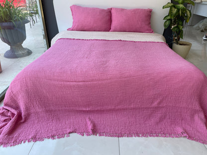 100% Cotton Muslin Blanket 4 Layers Bedspread Soft Turkish Cotton Muslin Bed Cover Reversible Coverlet Fuchsia with Size Options