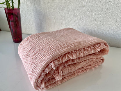 100% Cotton Muslin Blanket 4 Layers Bedspread Soft Turkish Cotton Muslin Bed Cover Reversible Cover Powder Pink with Size Options