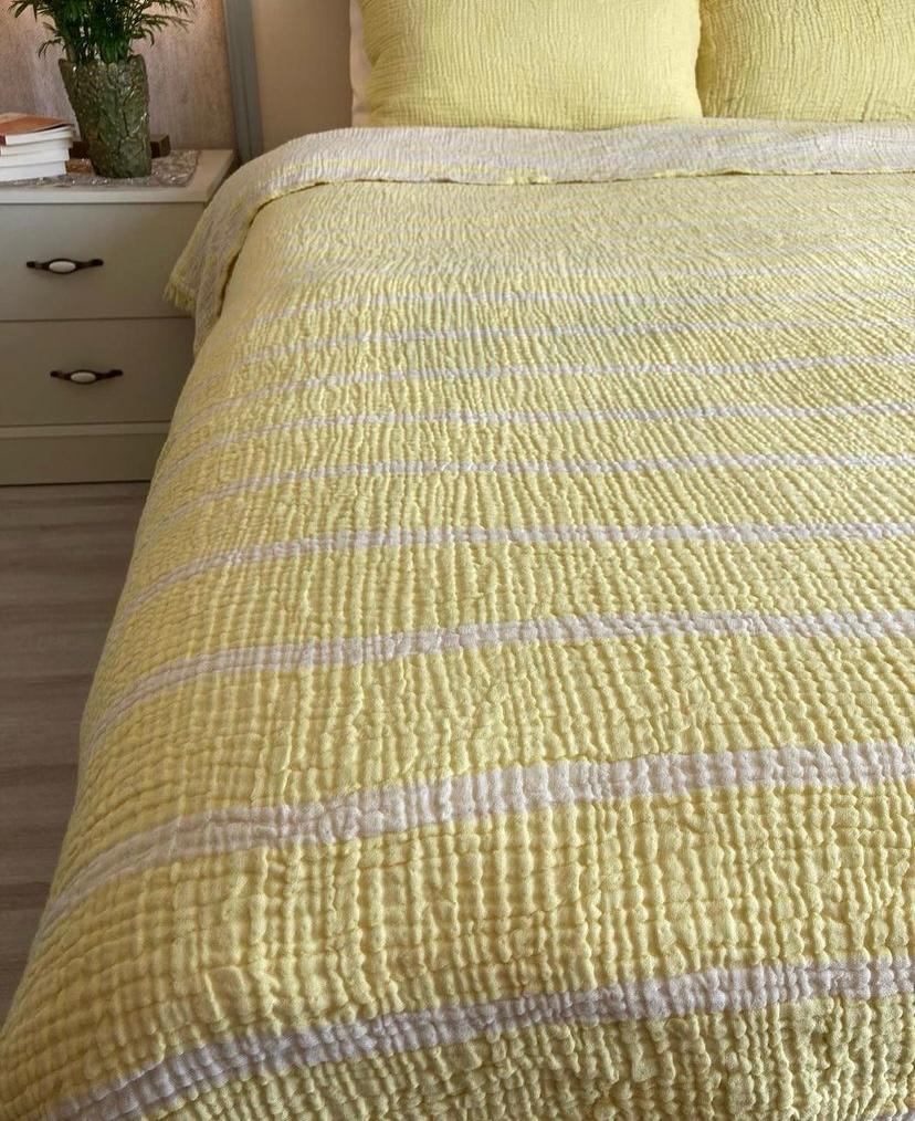 100% Cotton Striped Muslin Blanket 4 Layers Bedspread Soft Turkish Cotton Muslin Bed Cover Reversible Coverlet Yellow with Size Options