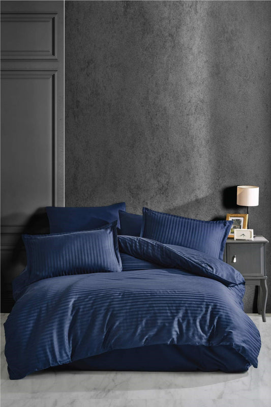 100% Cotton Sateen Modern Navy Blue Bedding Set, Full/Queen Size Quilt/Duvet Cover Set