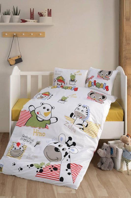 Baby Duvet Cover Set, 100% Cotton Nursery Crib Set for Baby , 4 Pieces Animals