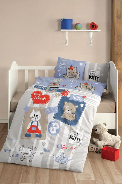 Baby Duvet Cover Set, 100% Cotton Nursery Crib Set for Baby , 4 Pieces Kitty