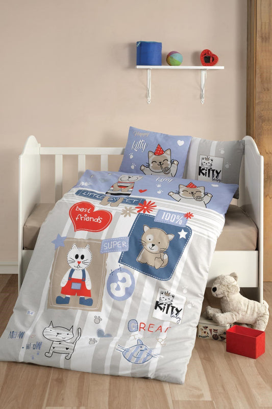 Baby Duvet Cover Set, 100% Cotton Nursery Crib Set for Baby , 4 Pieces Kitty