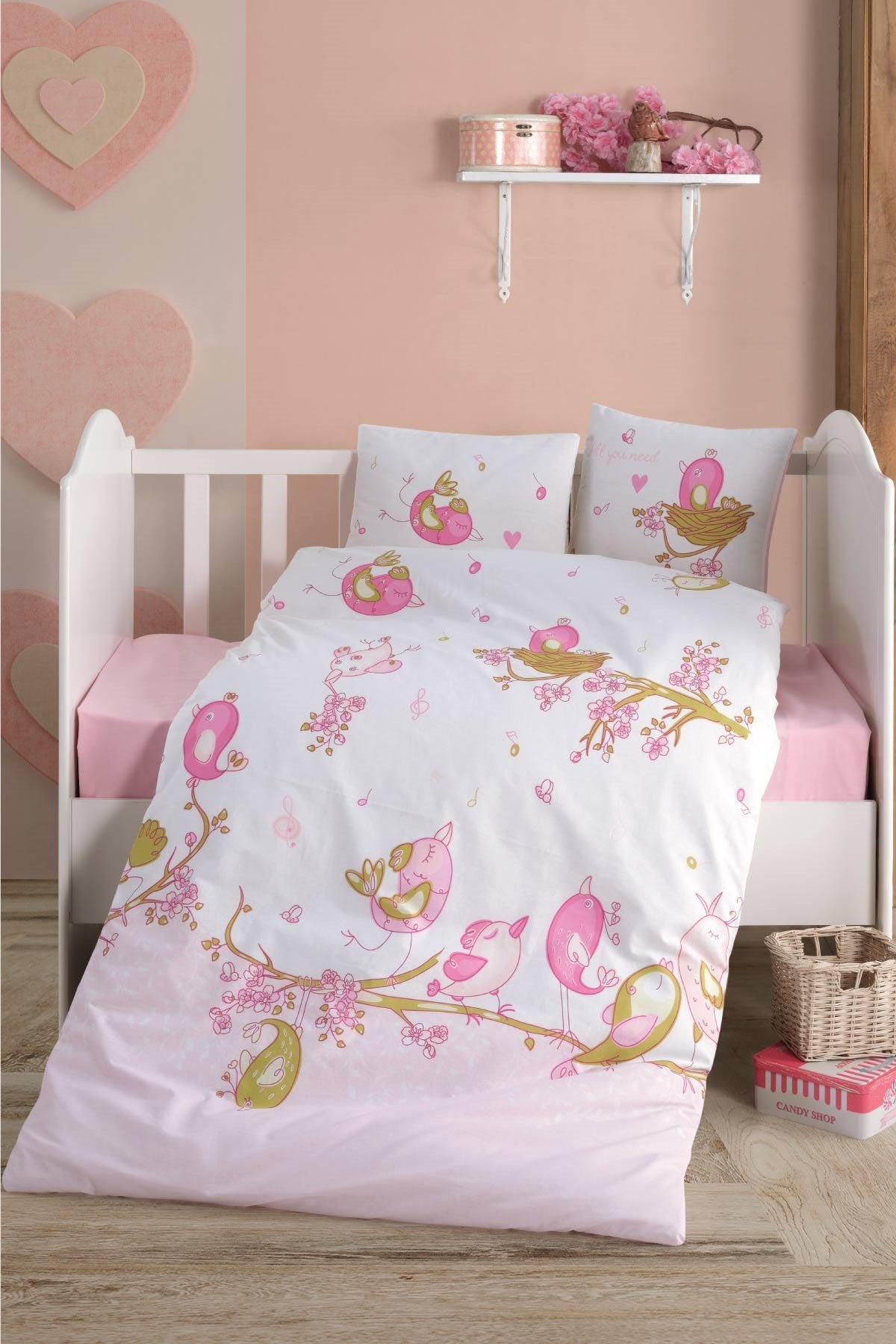 Baby Duvet Cover Set, 100% Cotton Nursery Crib Set for Baby , 4 Pieces Birds