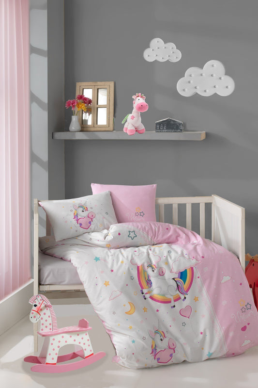 Baby Duvet Cover Set, 100% Cotton Nursery Crib Set for Baby , 4 Pieces Unicorn