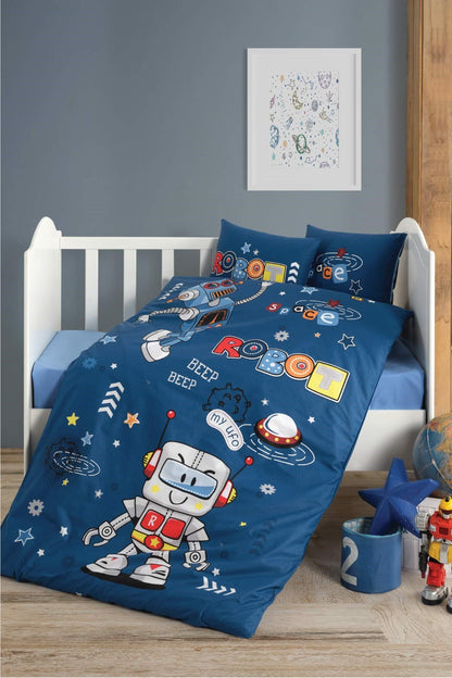 Baby Duvet Cover Set, 100% Cotton Nursery Crib Set for Baby , 4 Pieces Robot