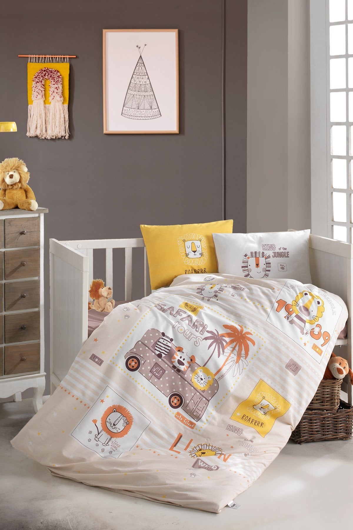 Baby Duvet Cover Set, 100% Cotton Nursery Crib Set for Baby , 4 Pieces Safari