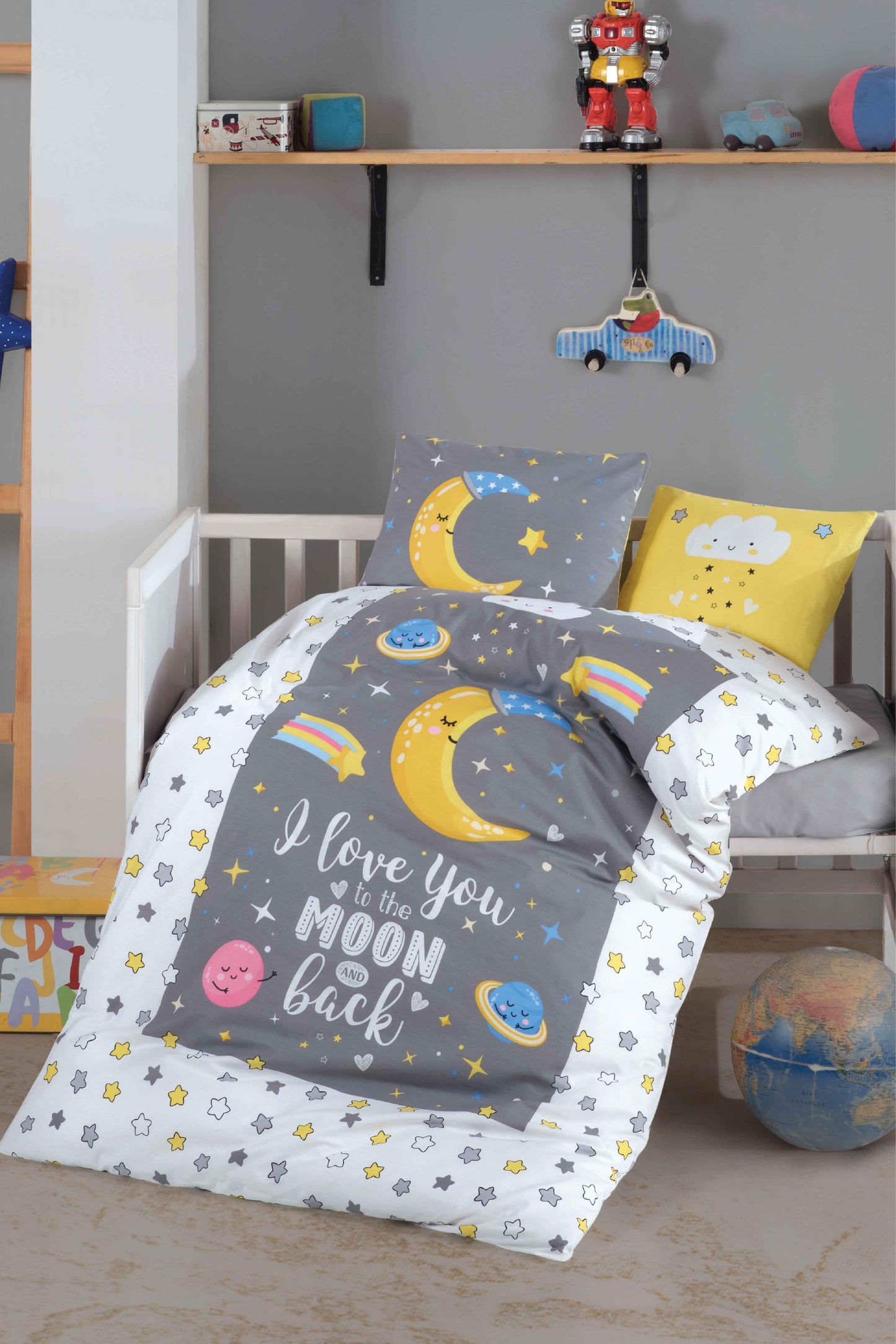 Baby Duvet Cover Set, 100% Cotton Nursery Crib Set for Baby , 4 Pieces Moon