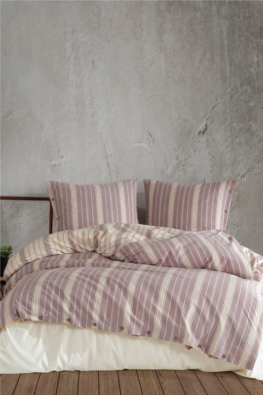 100% Cotton Plum Striped Bedding Set, Full/Queen Size Quilt/Duvet Cover Set, 4 Pieces