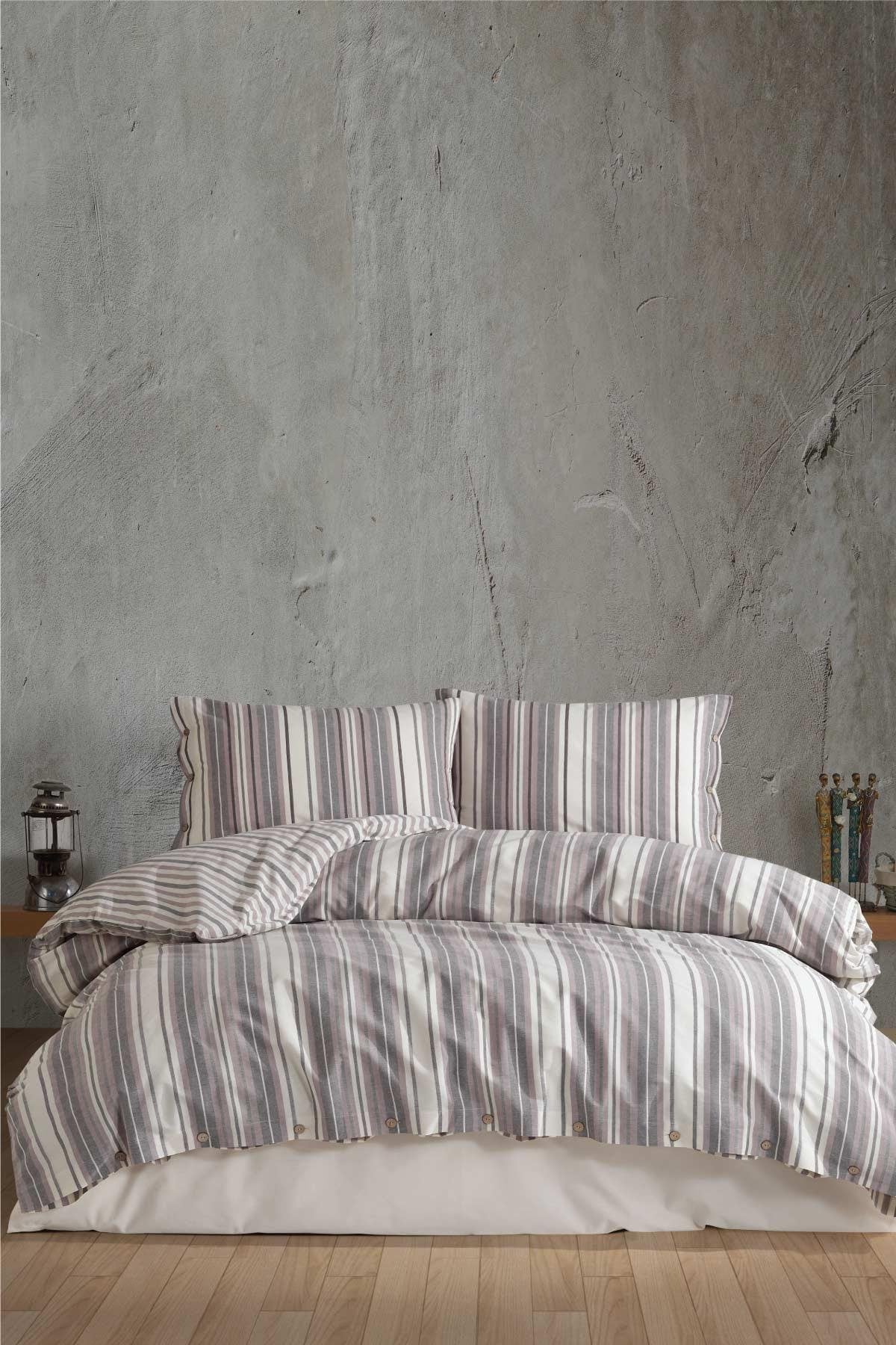 100% Cotton Grey Striped Bedding Set, Full/Queen Size Quilt/Duvet Cover Set, 4 Pieces