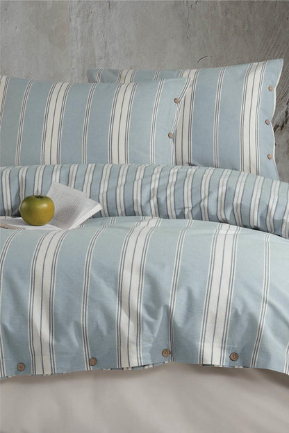 100% Cotton Blue Striped Bedding Set, Full/Queen Size Quilt/Duvet Cover Set, 4 Pieces