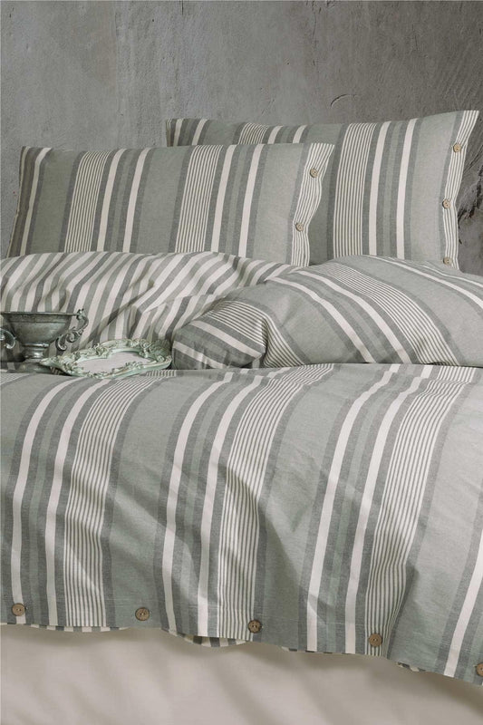 100% Cotton Green Striped Bedding Set, Full/Queen Size Quilt/Duvet Cover Set, 4 Pieces