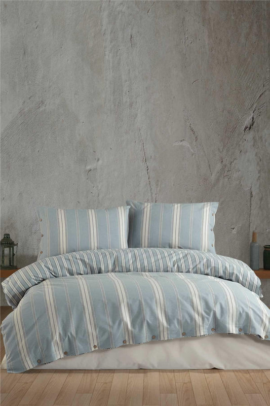 100% Cotton Blue Striped Bedding Set, Full/Queen Size Quilt/Duvet Cover Set, 4 Pieces