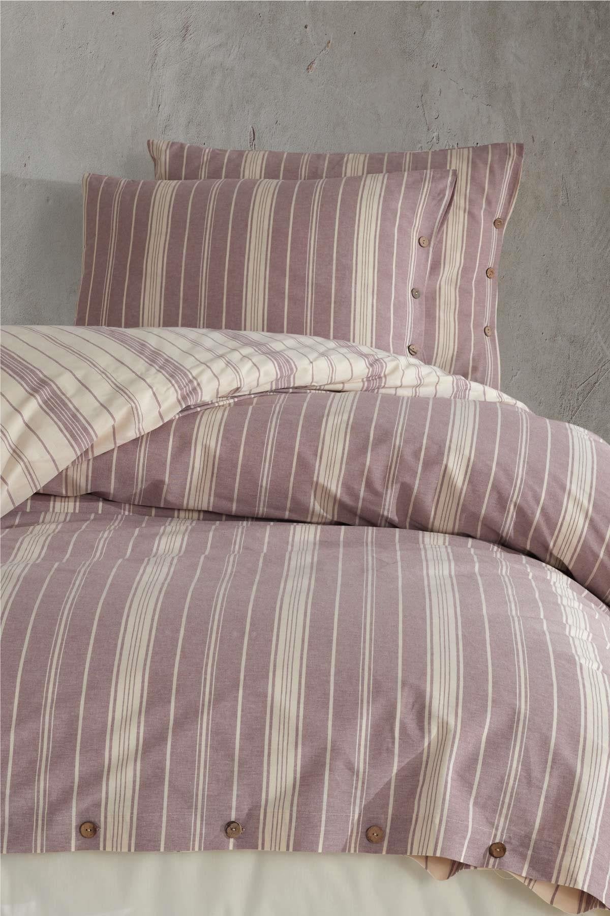 100% Cotton Plum Striped Bedding Set, Full/Queen Size Quilt/Duvet Cover Set, 4 Pieces