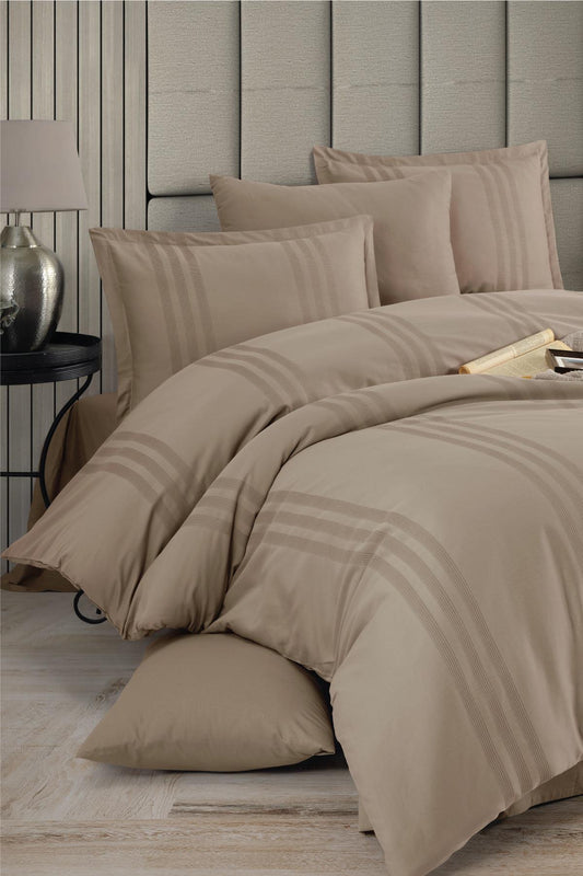 100% Cotton Beige Striped Modern Bedding Set, Full/Queen Size Quilt/Duvet Cover Set, 4 Pieces