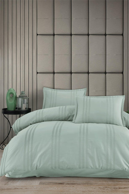 100% Cotton Mint Striped Modern Bedding Set, Full/Queen Size Quilt/Duvet Cover Set, 4 Pieces