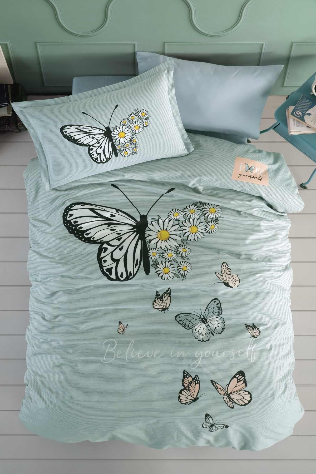 100% Cotton Daisy Mint Bedding Set, Single/Twin Size Quilt/Duvet Cover Set