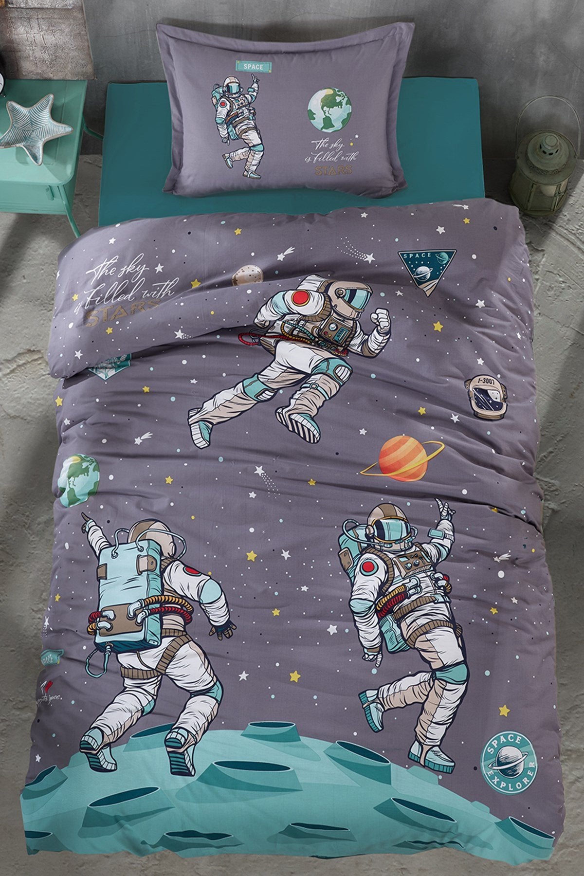 100% Cotton Space Bedding Set, Single/Twin Size Quilt/Duvet Cover Set