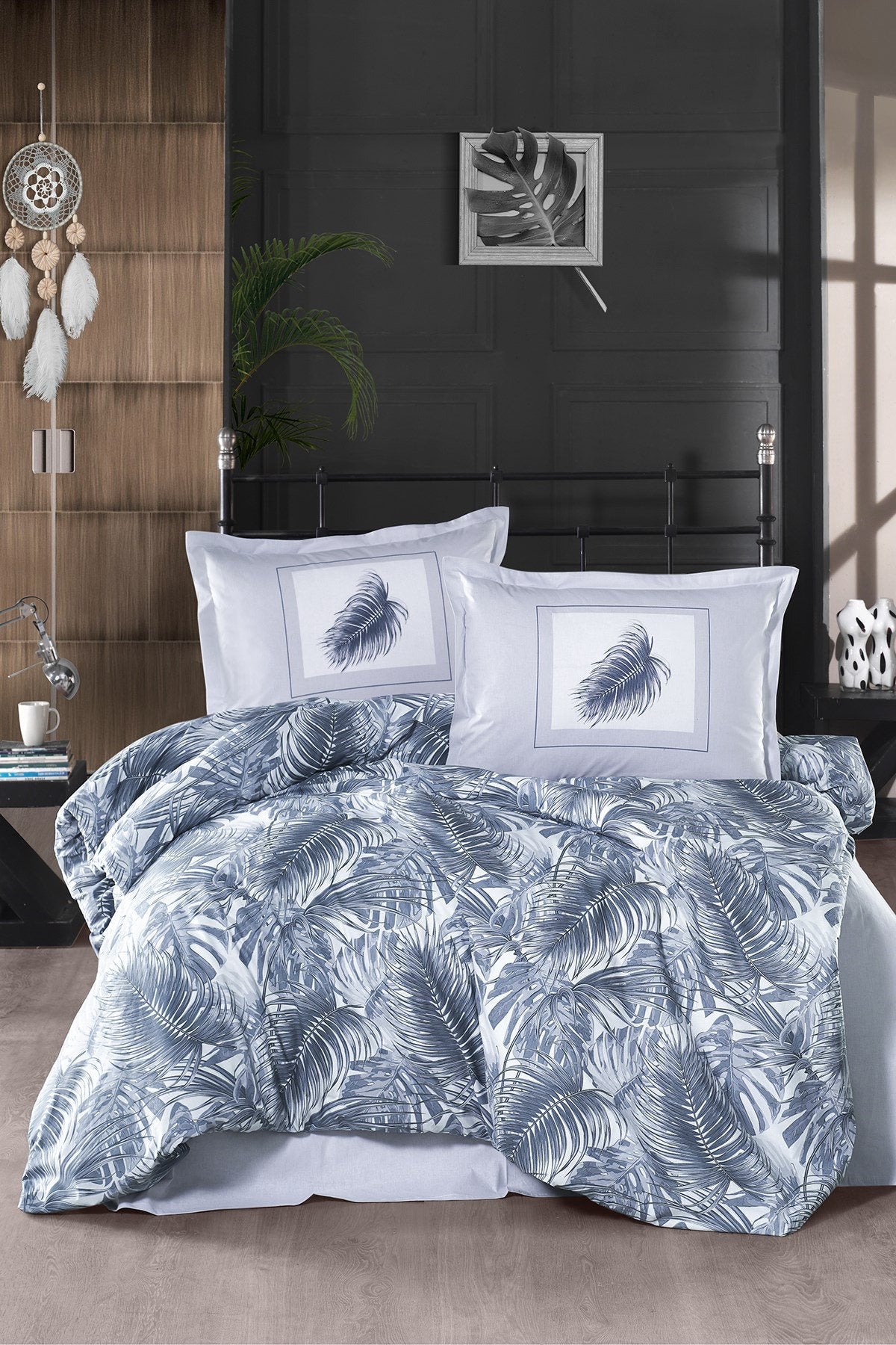 100% Cotton Leaf Blue Bedding Set, Full/Queen Size Quilt/Duvet Cover Set, 4 Pieces