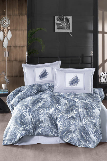 100% Cotton Leaf Blue Bedding Set, Full/Queen Size Quilt/Duvet Cover Set, 4 Pieces