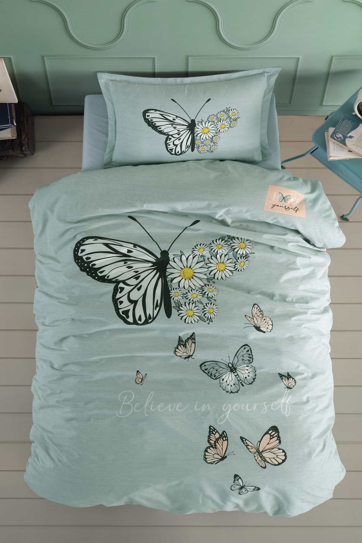 100% Cotton Daisy Mint Bedding Set, Single/Twin Size Quilt/Duvet Cover Set