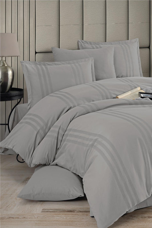 100% Cotton Grey Striped Modern Bedding Set, Full/Queen Size Quilt/Duvet Cover Set, 4 Pieces