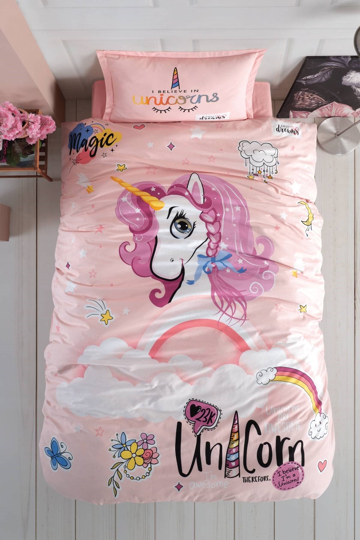 100% Cotton Pink Unicorn Bedding Set, Single/Twin Size Quilt/Duvet Cover Set