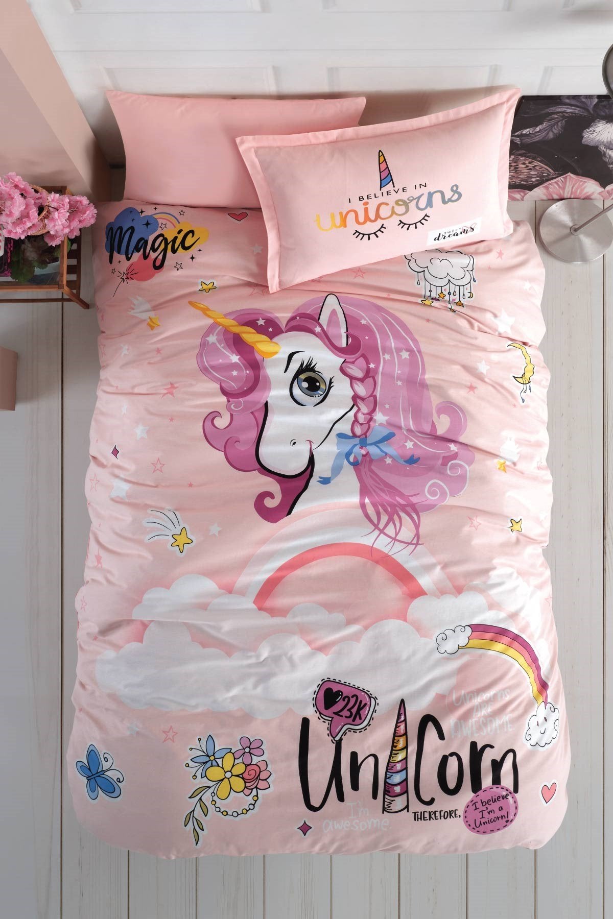 100% Cotton Pink Unicorn Bedding Set, Single/Twin Size Quilt/Duvet Cover Set