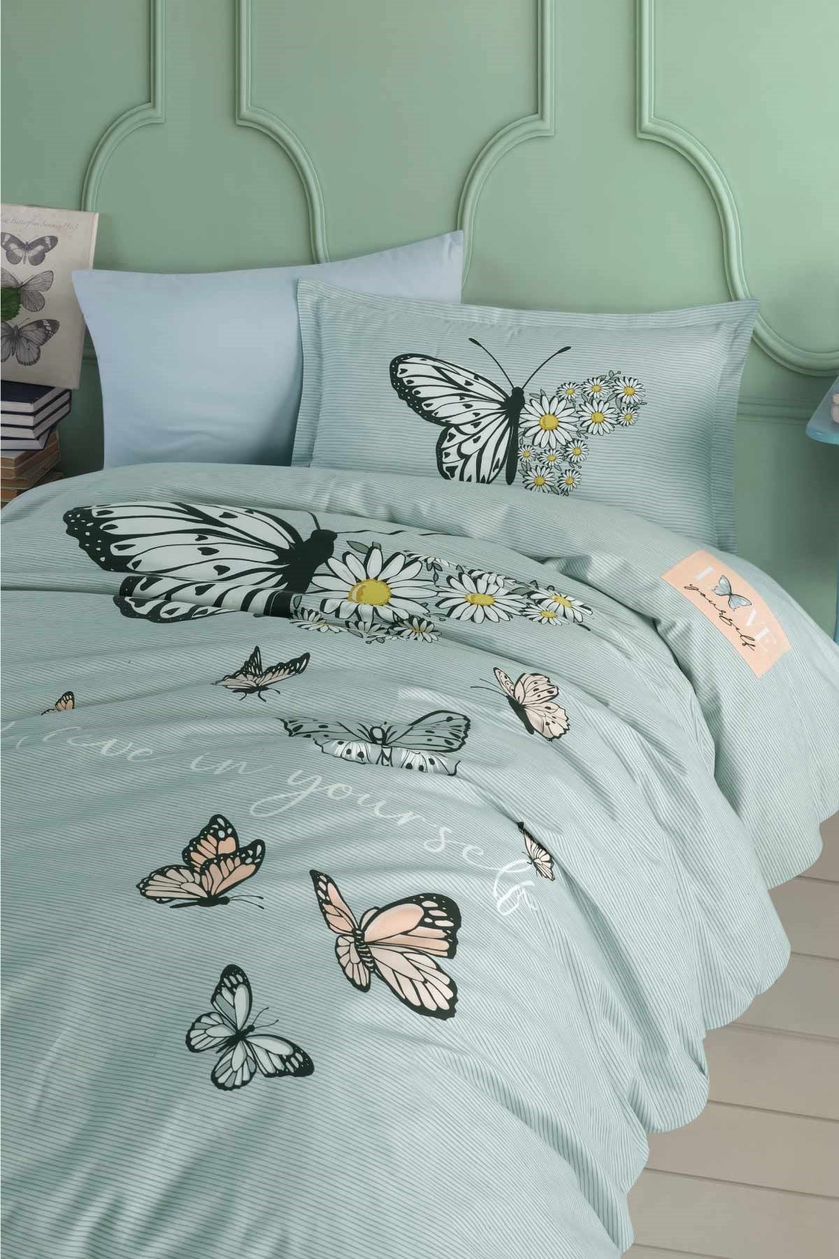 100% Cotton Daisy Mint Bedding Set, Single/Twin Size Quilt/Duvet Cover Set