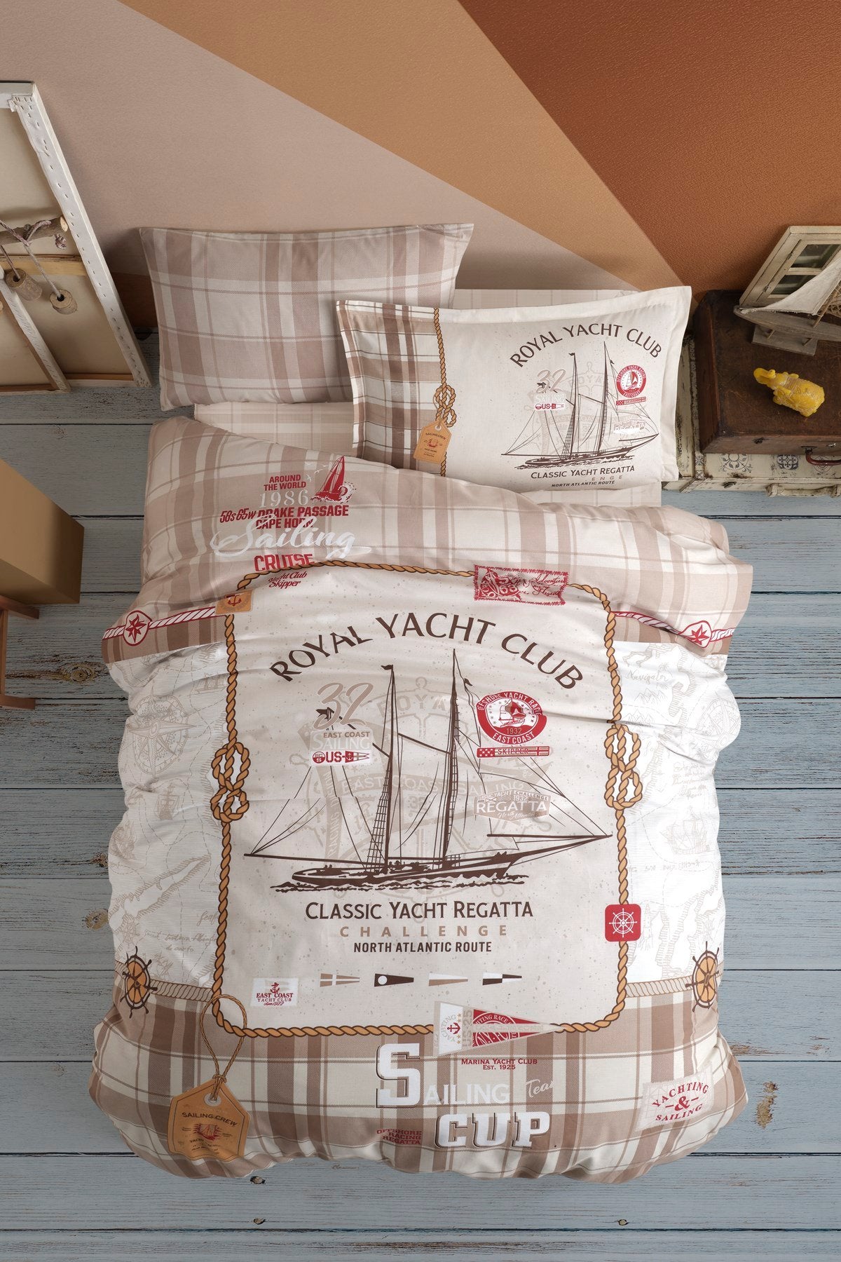 100% Cotton Ship Bedding Set, Single/Twin Size Quilt/Duvet Cover Set