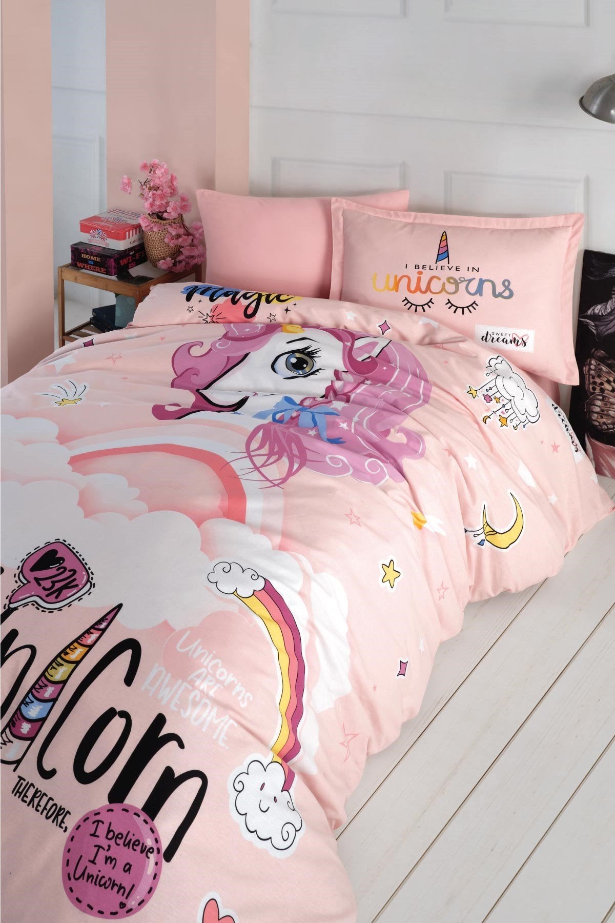 100% Cotton Pink Unicorn Bedding Set, Single/Twin Size Quilt/Duvet Cover Set