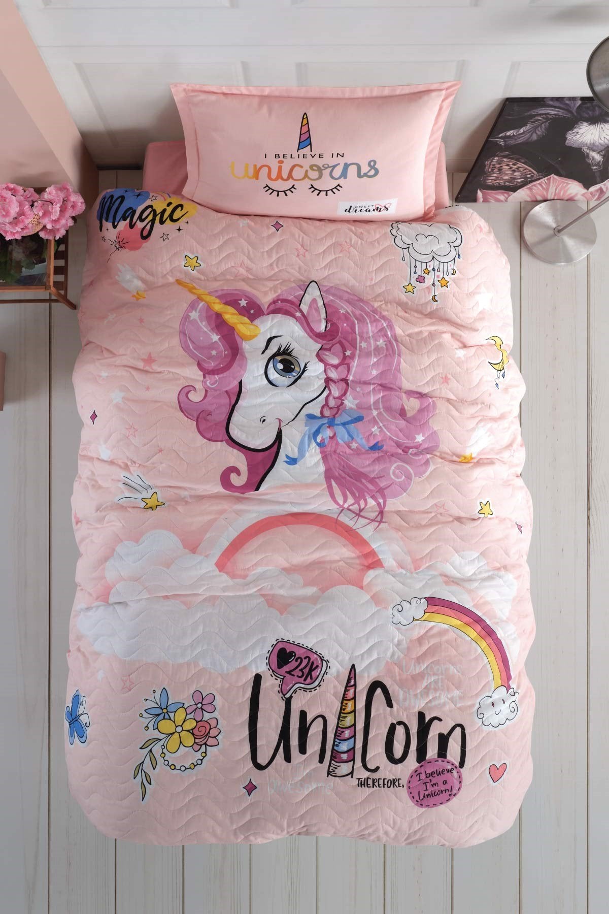 100% Turkish Cotton Bedding for All Season, Lightweight Bed Cover, Unicorn Bedspread Quilt Set- Pillow Case Reversible