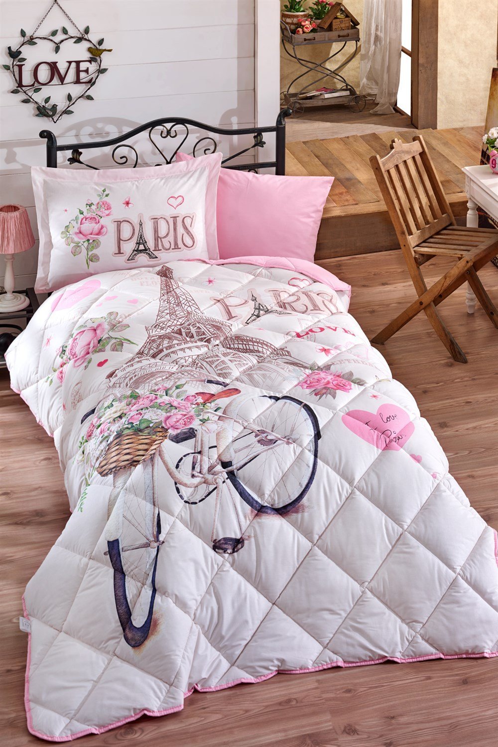 Comforter Set, Paris Love Themed Comforter Set with Flat Sheet, Twin XL/Twin Size, 5 Pieces