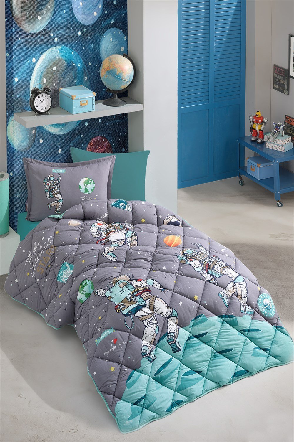 Clasy Comforter Set, Space Themed Comforter Set with Flat Sheet, Twin XL/Twin Size, 5 Pieces