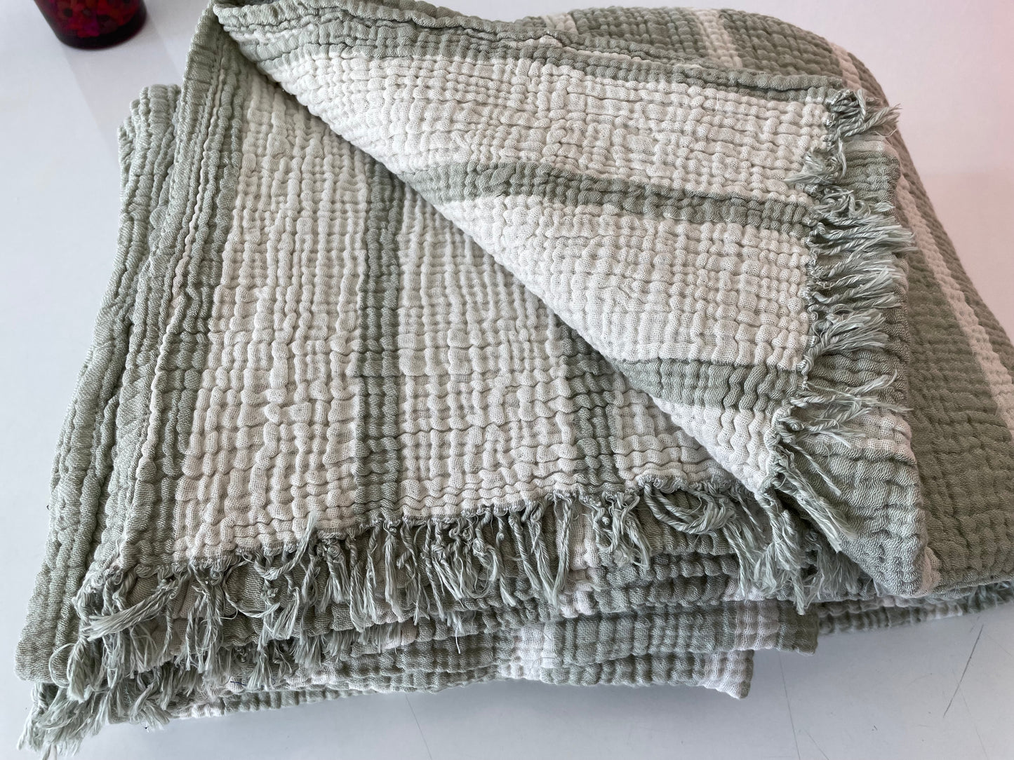 100% Cotton Striped Muslin Blanket 4 Layers Bedspread Soft Turkish Cotton Muslin Bed Cover Reversible Coverlet Sage Green with Size Options