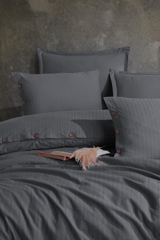 100% Cotton Striped Grey Modern Bedding Set, Full/Queen Size Quilt/Duvet Cover Set, 4 Pieces