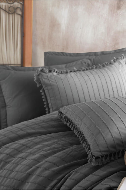 100% Cotton Fringed Anthracite Bedding Set, Full/Queen Size Quilt/Duvet Cover Set, 3 Pieces