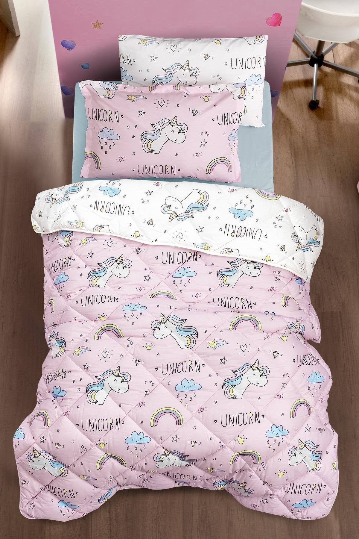 Comforter Set, Unicorn Themed Comforter Set with Flat Sheet, Twin XL/Twin Size, 5 Pieces