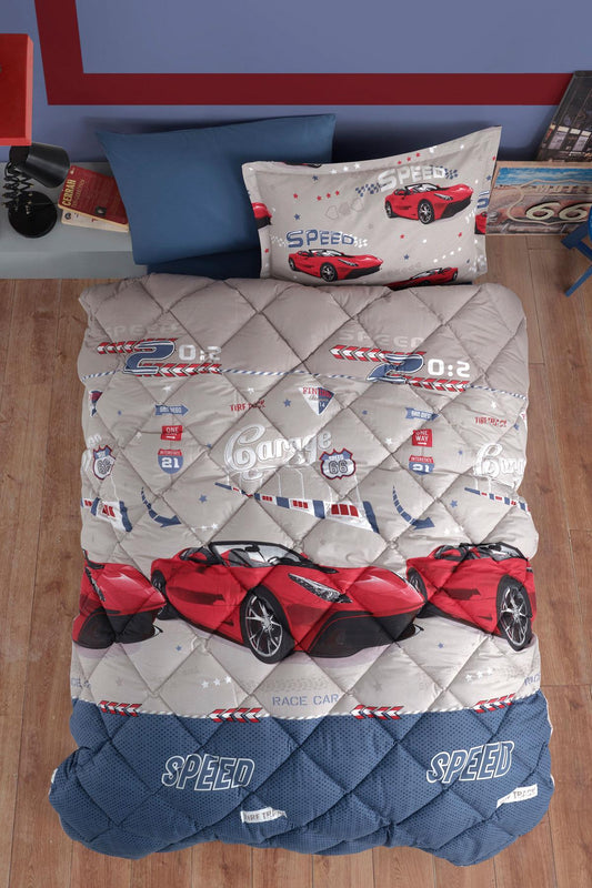 Comforter Set, Red Car Themed Comforter Set with Flat Sheet, Twin XL/Twin Size, 5 Pieces