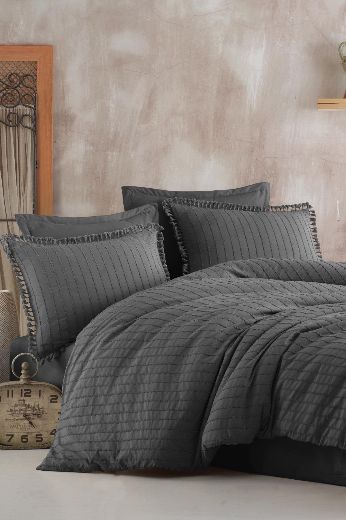 100% Cotton Anthracite Fringed Bedding Set, Single/Twin Size Quilt/Duvet Cover Set